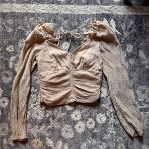 Astr Cream Ruched Blouse with Puff Sleeves